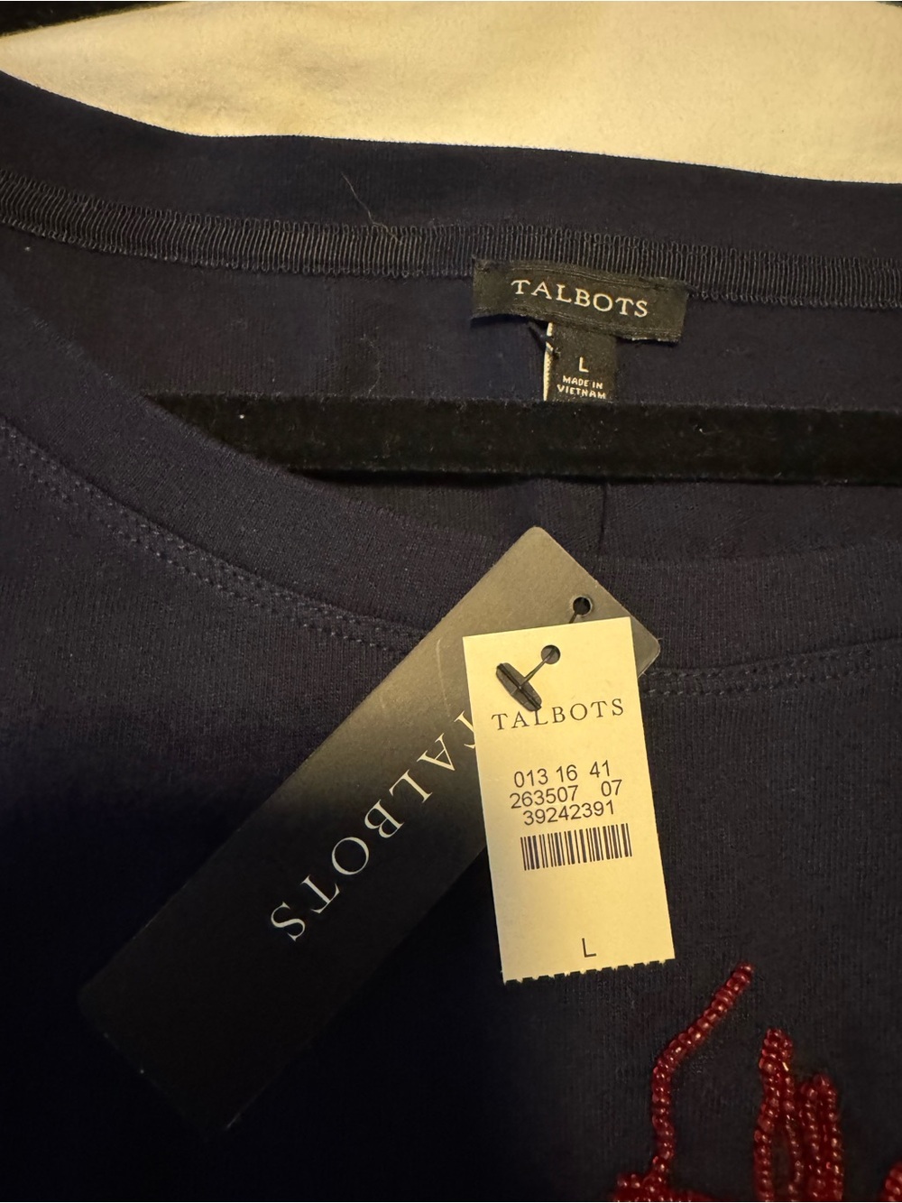 NWT Talbots Navy Crew Neck Top with Red Beaded Lobster L